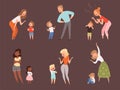 Scold children. Kids crying parents father and mother sad expression reaction vector cartoon characters