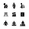 Scoliosis diagnosis and treatment black glyph icons set on white space Royalty Free Stock Photo