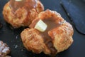 Scone with caramel on top. Fresh yummy tasty delicious Traditional British bakery