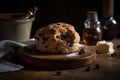 Scone raisin baked on kitchen table. Generate Ai