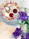 Scones with jam and cream,tea break time with dessert on marble table Royalty Free Stock Photo