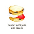 Scones with raisins, cream and strawberry jam inside. Watercolor handdrawn illustration isolated on white background Royalty Free Stock Photo