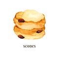 Scones with brown raisins. Watercolor hand drawn illustration isolated on white background Royalty Free Stock Photo