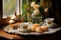 scones and tea set on a vintage tray in a cozy setting Royalty Free Stock Photo