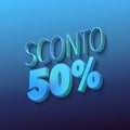 sconto 50%, italian words for 50 percent off, blue 3d letters on dark blue background, 3d rendering Royalty Free Stock Photo
