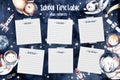 Scool timetable. Astronaut baby boy girl elephant, fox cat and bunny, space suit, cosmonaut stars, planet, moon, rocket Royalty Free Stock Photo
