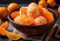 A scoop of bright orange orange sherbet with orange slices on top.