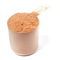 Scoop of chocolate whey protein powder on white Royalty Free Stock Photo