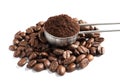 Scoop with coffee grounds and roasted beans Royalty Free Stock Photo