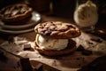 Scoop of creamy vanilla ice cream sandwiched between two chewy chocolate chip cookies. AI generated.