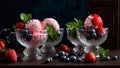 scoop of delicious ice cream, fresh strawberries. cream berry , mint on a dark background Royalty Free Stock Photo