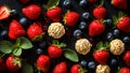 scoop of delicious ice cream, fresh strawberries. blueberries, mint on a dark background Royalty Free Stock Photo