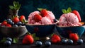 scoop of delicious ice cream, fresh strawberries. cream tasty , mint on a dark background Royalty Free Stock Photo