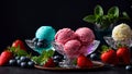 scoop of delicious ice cream, fresh strawberries. delicious tasty , mint on a dark background Royalty Free Stock Photo