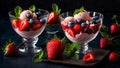 scoop of delicious ice cream, fresh strawberries. dessert tasty , mint on a dark background Royalty Free Stock Photo