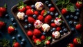 scoop of delicious ice cream, fresh strawberries. fresh blueberries, mint on a dark background Royalty Free Stock Photo