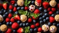 scoop of delicious ice cream, fresh strawberries. sweet blueberries, mint on a dark background Royalty Free Stock Photo