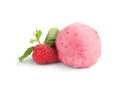 Scoop of delicious raspberry ice cream with mint and fresh berry on white Royalty Free Stock Photo