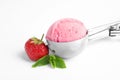 Scoop with delicious  ice cream, mint and fresh berry on white background Royalty Free Stock Photo