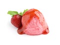 Scoop of delicious strawberry ice cream with syrup, mint and fresh berry Royalty Free Stock Photo