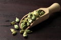 Scoop with dry cardamom pods on wooden table Royalty Free Stock Photo