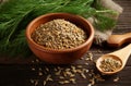 Scoop of dry seeds bowl and fresh dill on wooden background. Generate Ai