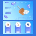 Scoop flat landing page website template. Sweep, broom, cleaning gloves. Web banner with header, content and footer