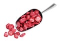 Scoop with freeze dried strawberries on white background, top view Royalty Free Stock Photo