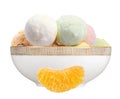 Scoop of fruit ice cream and orange slice in plate isolated on w Royalty Free Stock Photo