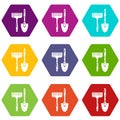 Scoop hand rake icons set 9 vector