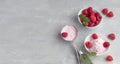 A scoop of homemade raspberry ice cream with fresh raspberries and mint in a white cup on a light background. Delicious and Royalty Free Stock Photo