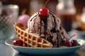 A scoop of ice cream, drizzled with syrup and topped with a cherry on a waffle cone. Generative AI Royalty Free Stock Photo