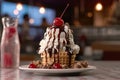 A scoop of ice cream, drizzled with syrup and topped with a cherry on a waffle cone. Generative AI Royalty Free Stock Photo