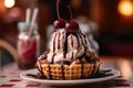 A scoop of ice cream, drizzled with syrup and topped with a cherry on a waffle cone. Generative AI Royalty Free Stock Photo