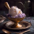 A scoop of lavender honey ice cream on a silver plate. AI generative image.