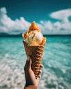 A scoop of mango ice cream in a waffle cone against a sandy beach and turquoise ocean-generative AI