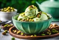 A scoop of pastel green pistachio ice cream with chopped pistachios on top. Royalty Free Stock Photo