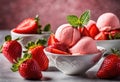 A scoop of pastel pink strawberry sorbet with fresh strawberries on top.