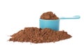 Scoop and pile of chocolate protein powder isolated Royalty Free Stock Photo