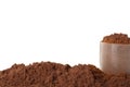 Scoop and pile of chocolate protein powder on white Royalty Free Stock Photo