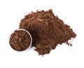 Scoop and pile of chocolate protein powder isolated on white Royalty Free Stock Photo