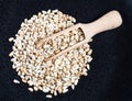 Scoop on pile of Safflower seeds on black plate