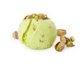 Scoop of pistachio ice cream with pistachios isolated on white