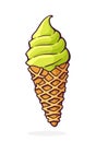 Scoop of pistachio ice cream in a waffle cone. Vector illustration Royalty Free Stock Photo