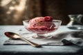 A scoop of raspberry ripple ice cream in a transparent cup - generative AI
