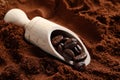 Scoop with roasted beans on ground coffee, closeup Royalty Free Stock Photo