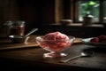 A scoop of strawberry ice cream in a glass dish - generative AI Royalty Free Stock Photo