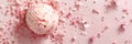 Scoop of strawberry ice cream surrounded by pink petal sprinkle on pink background banner. Panoramic web header. Wide