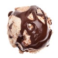 A scoop of tiramisu ice cream topped with chocolate sauce from bird`s eye view isolated on white background