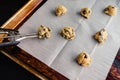 Scoops of Chocolate Chip Cookie Dough on a Sheet Pan Royalty Free Stock Photo